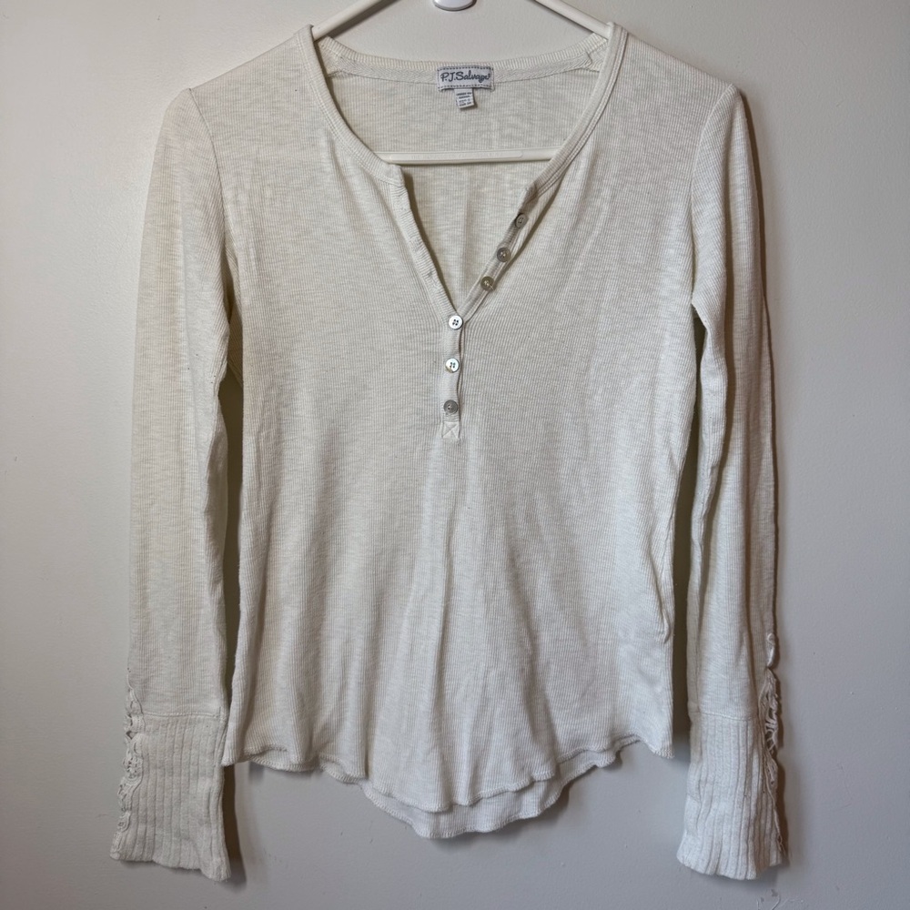 PJ Salvage Henley ribbed Long Sleeve Top Crochet detail on sleeve cuff